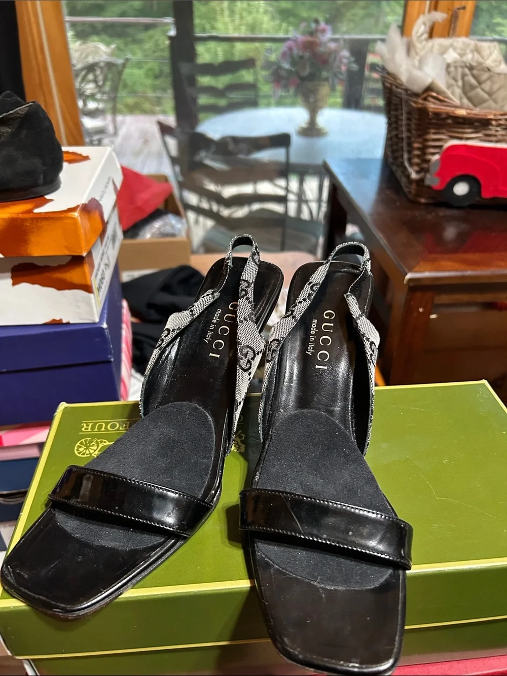 Gucci Black Monogram Patent Leather Heel Sandals